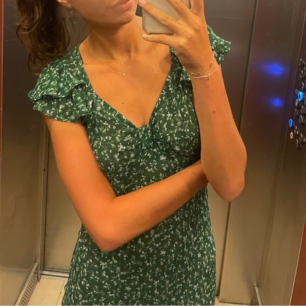 Reformation Green Floral V-Neck Midi Dress